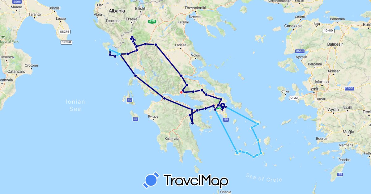 TravelMap itinerary: driving, bus, hiking, boat in Greece (Europe)