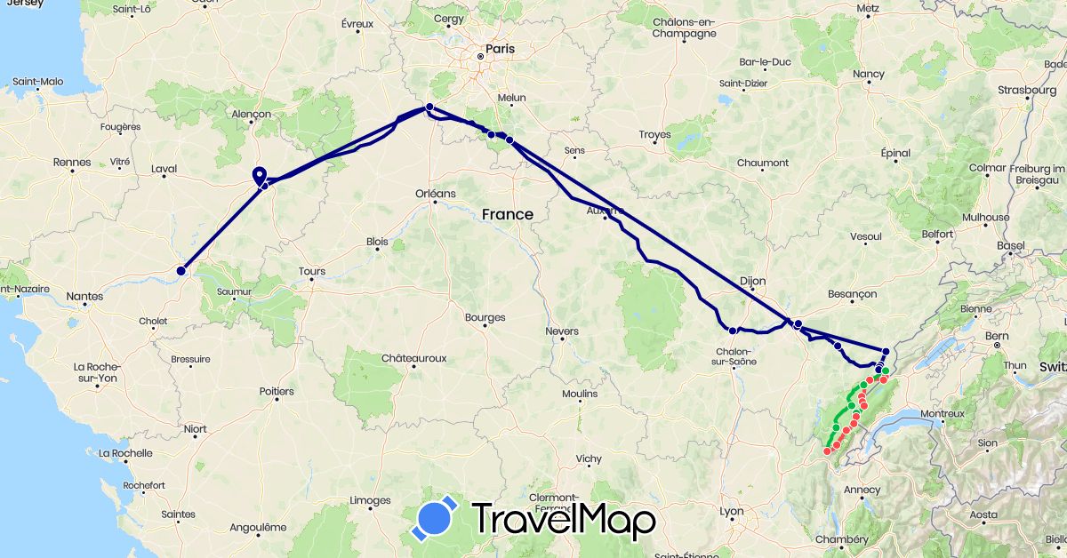 TravelMap itinerary: driving, bus, hiking in France (Europe)